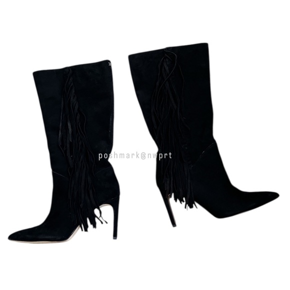 Sam Edelman 🖤 Fayette Suede Fringe Boots Heels Black 37 7 7.5 - Picture 5 of 16